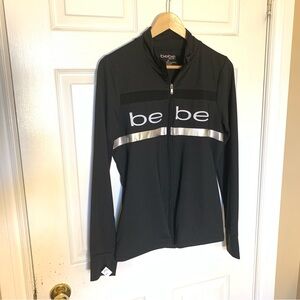 Bebe Black Zip-Up Track Jacket with Silver Logo – Size M